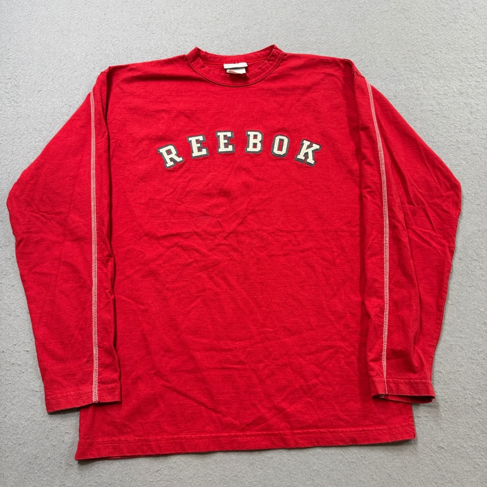 Vintage Reebok T-Shirt Men's M Red Spellout Logo Long Sleeve Sportswear Canada
